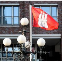 3371_1053 Hamburger Fahne am Fahnenmast - starker Wind, Flagge flattert. | Flaggen und Wappen in der Hansestadt Hamburg
